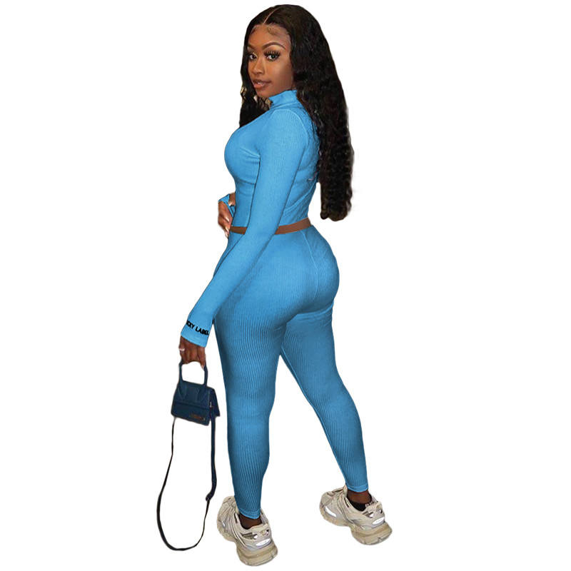 Blue Cotton Blend Zipper Datail Long Sleeve Top with Pant Set TQK710132-5