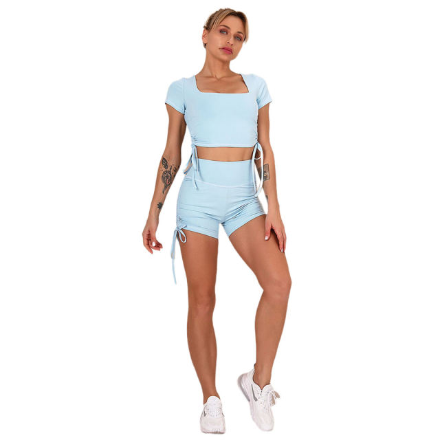 Light Blue Sides Drawstring Short Sleeve Yoga Short Set TQK710241-30