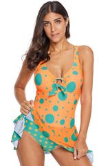 Orange Blue Polka Dot Print One-Piece Swim Dress