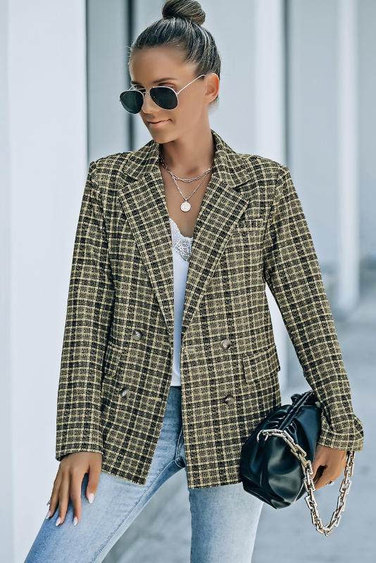 Black Plaid Double Breasted Lapel Collar Blazer LC852395-2