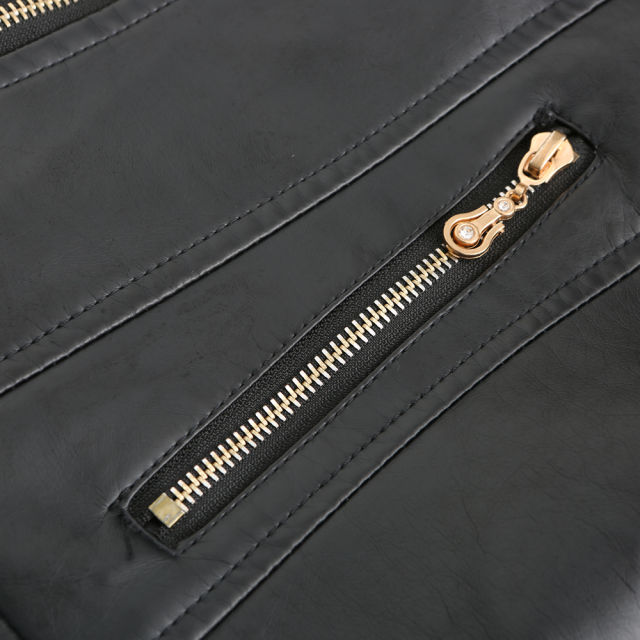Black Stand Collar Zipper Detail PU Leather Jacket TQK280094-2