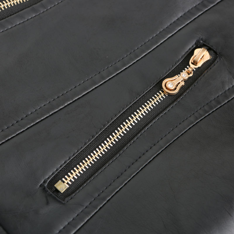 Black Stand Collar Zipper Detail PU Leather Jacket TQK280094-2