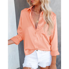 Orange V Neck Satin Pocketed  Long Sleeve Shirt TQX221065-14
