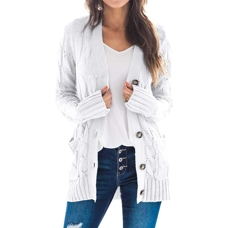White Button Down Pocketed Knit Cardigan TQK271080-1