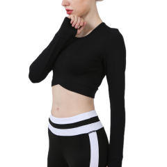 Black Cross Hem Long Sleeve Sportswear Crop Tops TQE29054-2