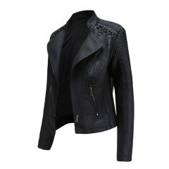 Black Zipper Slim Fit Motorcycle PU Leather Jacket TQK280090-2
