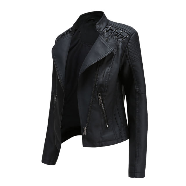 Black Zipper Slim Fit Motorcycle PU Leather Jacket TQK280090-2