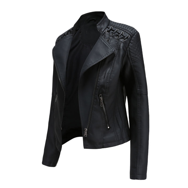 Black Zipper Slim Fit Motorcycle PU Leather Jacket TQK280090-2