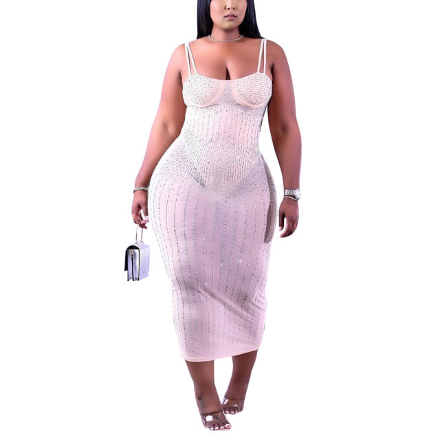 White Mesh Rhinestone Plus Size Sling Dress TQK310775-1
