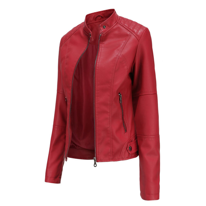 Red Slim Fit Stand Collar PU Motorcycle Jacket TQK280091-3