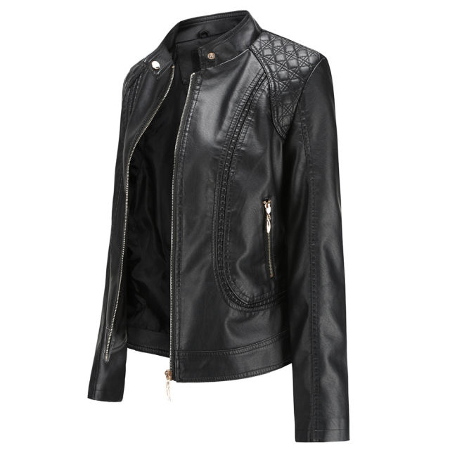 Black Classic Style Stand Collar PU Leather Jacket TQK280092-2