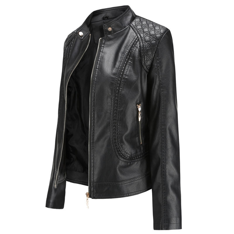 Black Classic Style Stand Collar PU Leather Jacket TQK280092-2