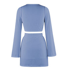 Light Blue Knot Front V Neck Crop Top with Skirt Set TQK710390-30