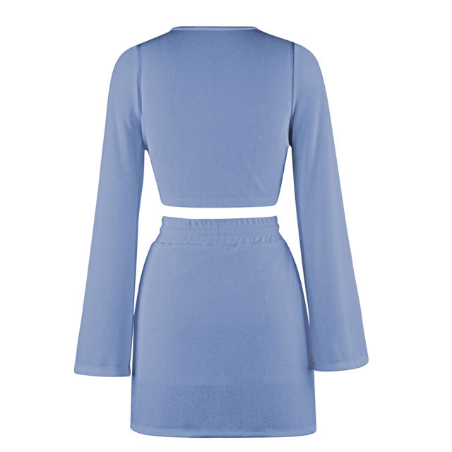 Light Blue Knot Front V Neck Crop Top with Skirt Set TQK710390-30