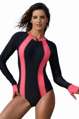 Hot Pink Accent Long Sleeve One-Piece Swimsuit