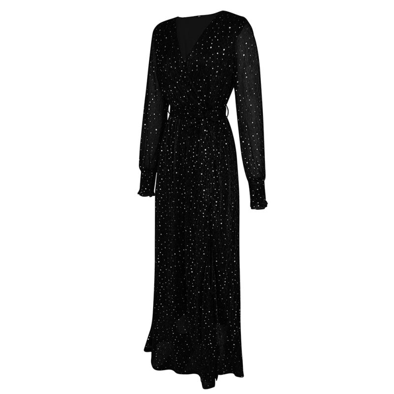 Black Sequin V Neck High Split Maxi Dress TQK311352-2