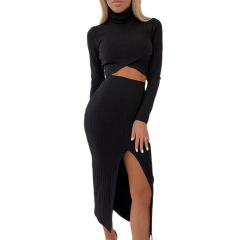 Black Turtleneck Crop Top with Slit Skirt 2pcs Set TQF711032-2