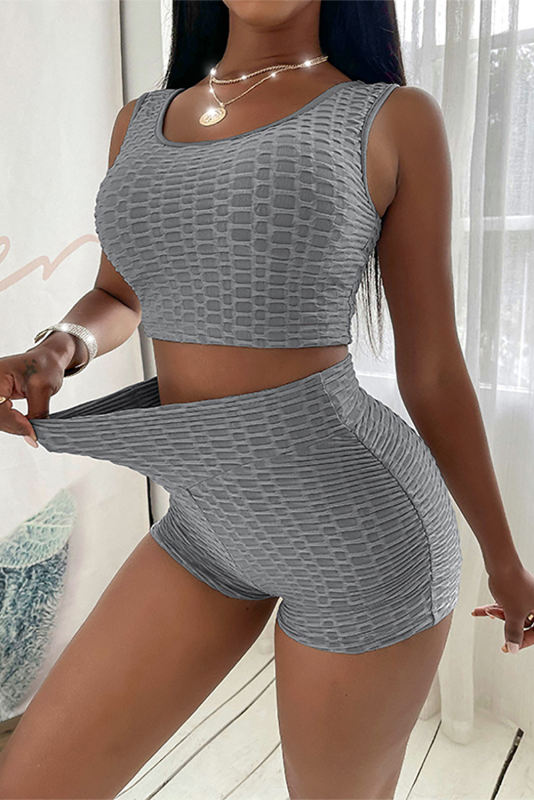 Gray Bubble Texture U Neck Top &amp; Shorts Set LC261660-11