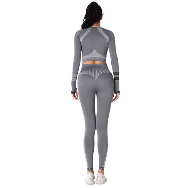 Dark Gray Seamless Knit Long Sleeve Pant Yoga Set TQE91372-26