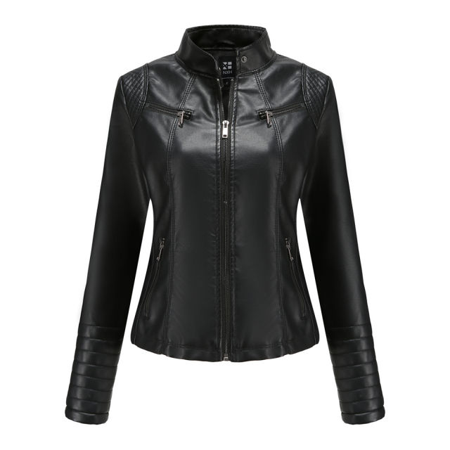 Black Zipper Pockets Long Sleeve PU Leather Jacket TQK280093-2