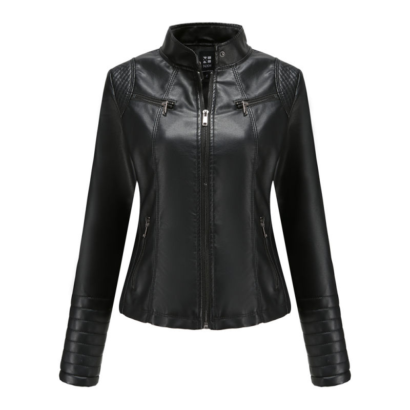 Black Zipper Pockets Long Sleeve PU Leather Jacket TQK280093-2