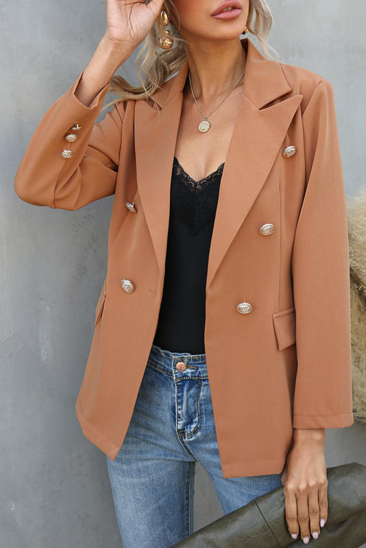 Brown Double Breasted Lapel Long Sleeve Blazer LC8511716-17