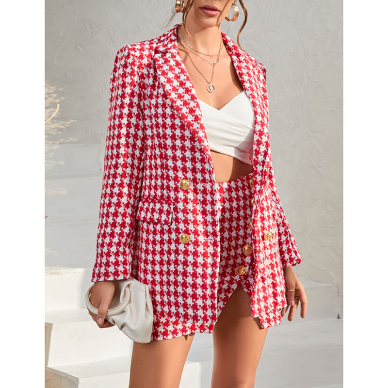 Red Plaid Print Blazer and Button Split Skirt Set TQF711046-3