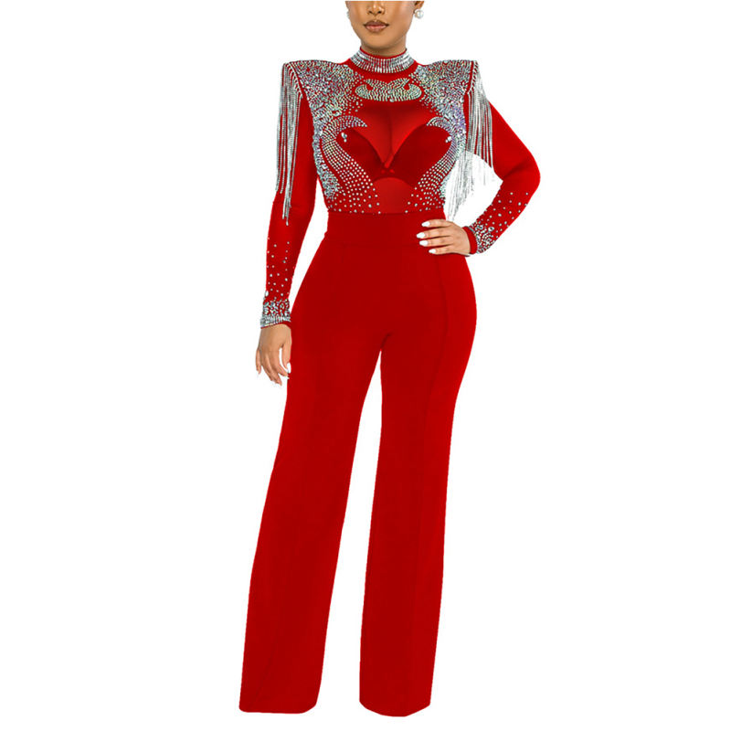 Red Rhinestone Mock Neck Tassel Jumpsuit TQK550272-3