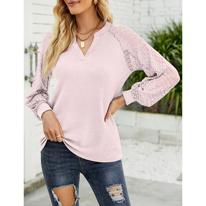 Pink Waffle Splicing Lace Long Sleeve Tops TQF210082-10