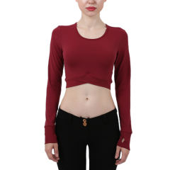 Wine Red Cross Hem Long Sleeve Sportswear Crop Tops TQE29054-103