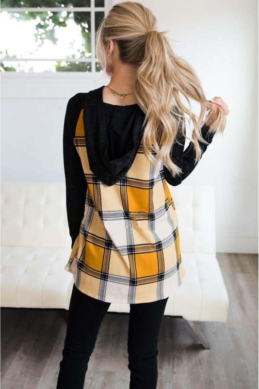 Yellow Plaid Pullover Hoodie LC252599-7