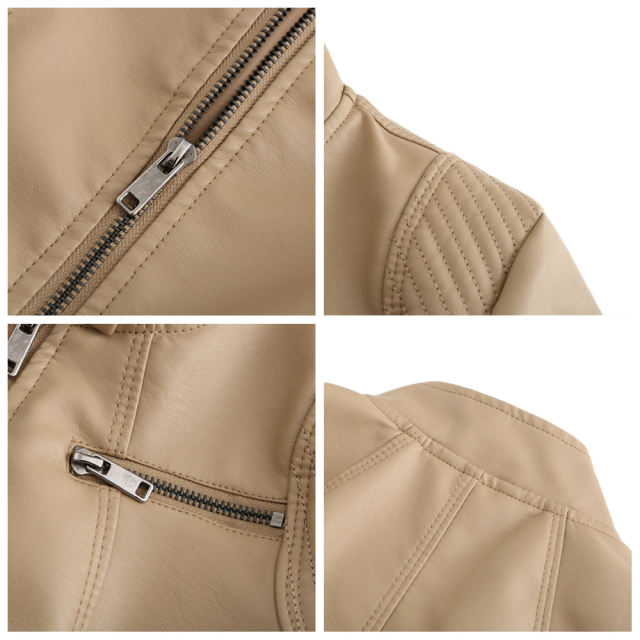 Apricot Zipper Pockets Long Sleeve PU Leather Jacket TQK280093-18