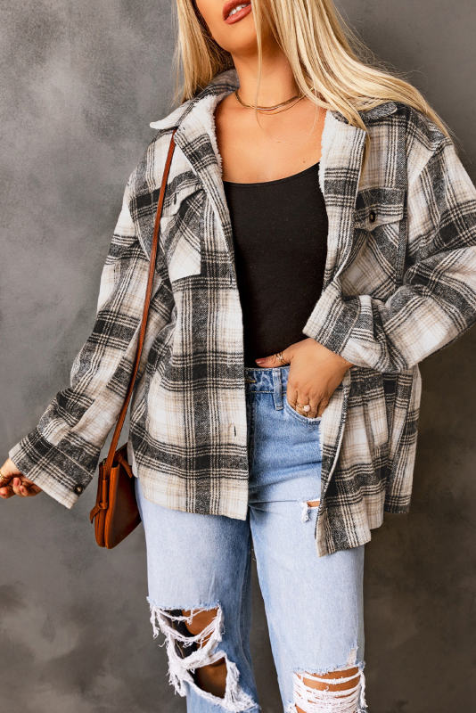 Black Vintage Plaid Fleece Lining Jacket LC854187-2