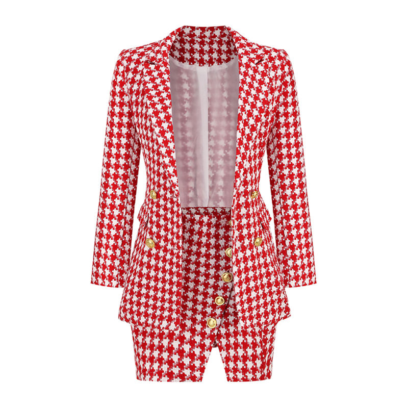 Red Plaid Print Blazer and Button Split Skirt Set TQF711046-3