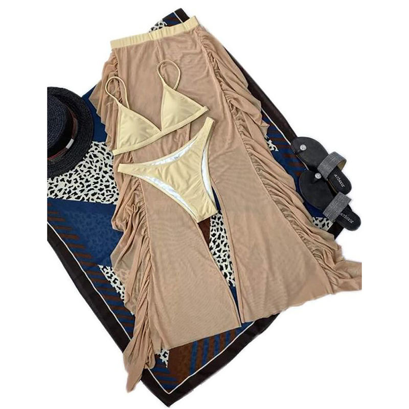 Apricot 3Pcs Mesh Pants with Bikini Set TQK610248-18