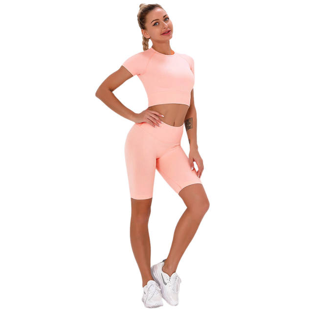 Pink Seamless Short Sleeve Yoga Sports Set TQE00138-10