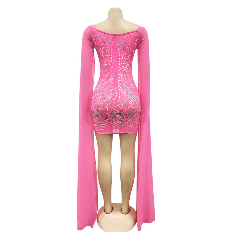 Rosy Mesh Rhinestone Cape Style long Sleeve Dress TQK310774-6
