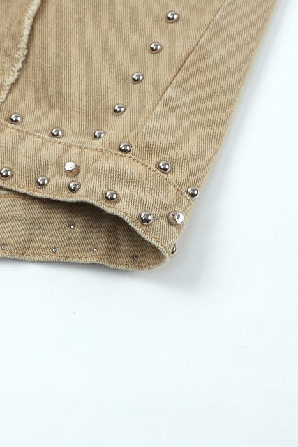 Khaki Frayed Trim Rivet Denim Jacket LC788104-16