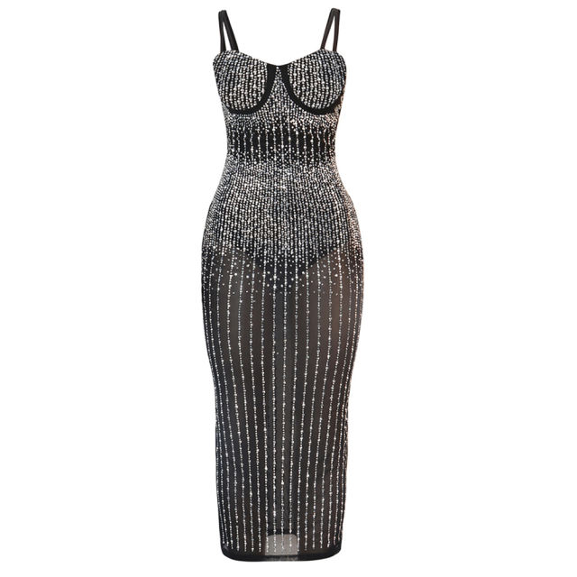 Black Mesh Rhinestone Plus Size Sling Dress TQK310775-2