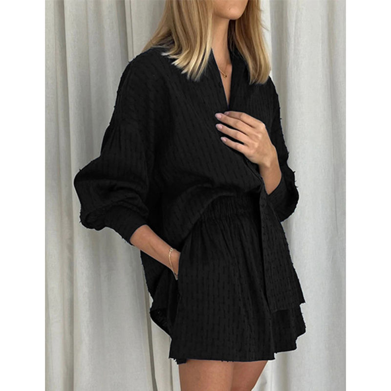Black Hollow-out Jacquard Long Sleeve Shirt with Shorts Set TQF711040-2