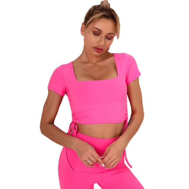Rosy Sides Drawstring Short Sleeve Yoga Pant Set TQK710243-6