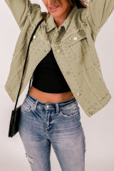 Khaki Frayed Trim Rivet Denim Jacket LC788104-16