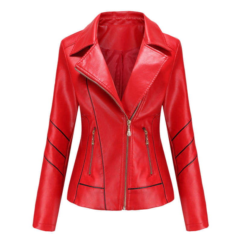 Red Turn Down Slim Fit PU Leather Jacket TQK280095-3