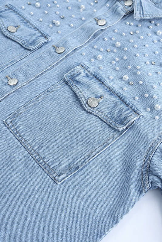 Sky Blue Rhinestone Pearls Denim Shacket LC788118-4