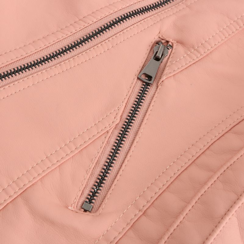 Light Pink Zipper Slim Fit Motorcycle PU Leather Jacket TQK280090-39