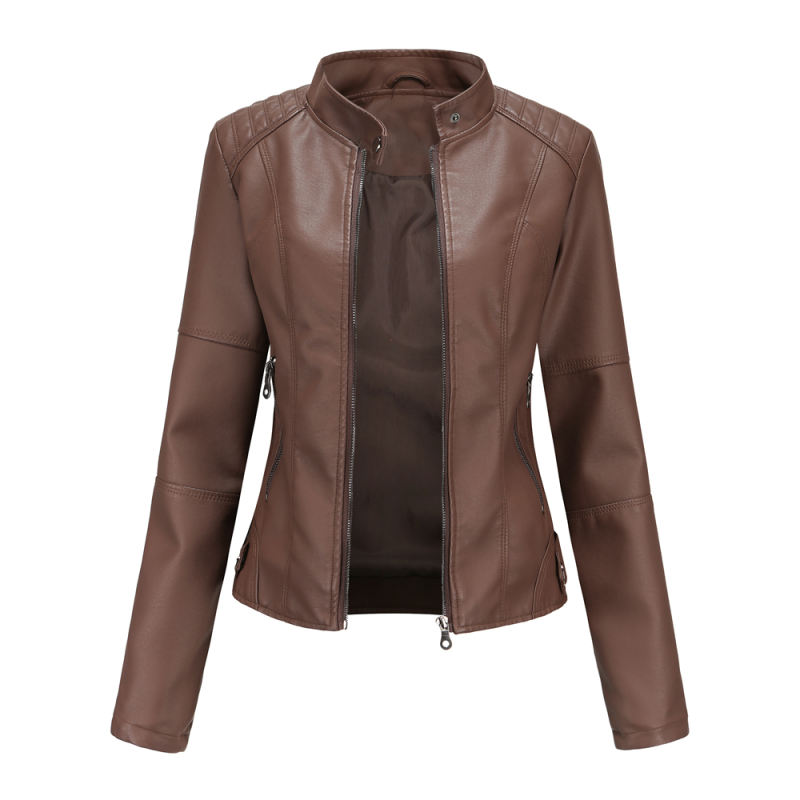 Coffee Slim Fit Stand Collar PU Motorcycle Jacket TQK280091-15