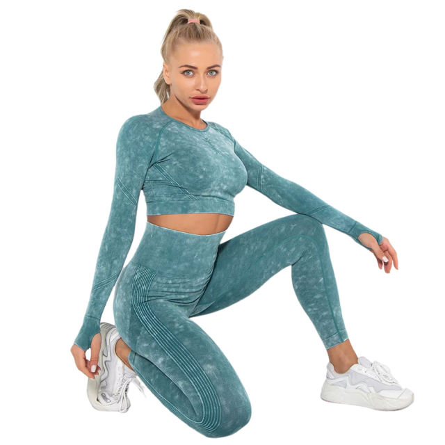 Dark Green Nylon Seamless Long Sleeve Pant Yoga Set TQE91361-36