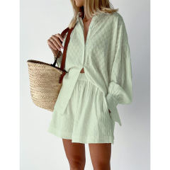 Green Hollow-out Jacquard Long Sleeve Shirt with Shorts Set TQF711040-9