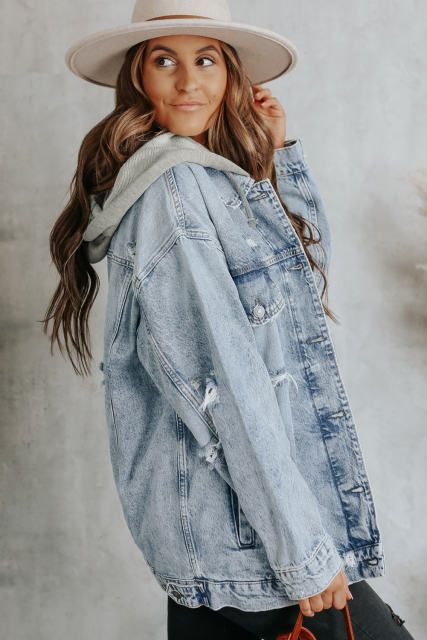 Sky Blue Button Closure Ripped Hooded Denim Jacket LC788143-4