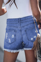 Sky Blue Distressed Raw Hem Buttons Denim Shorts with Pockets LC781037-4